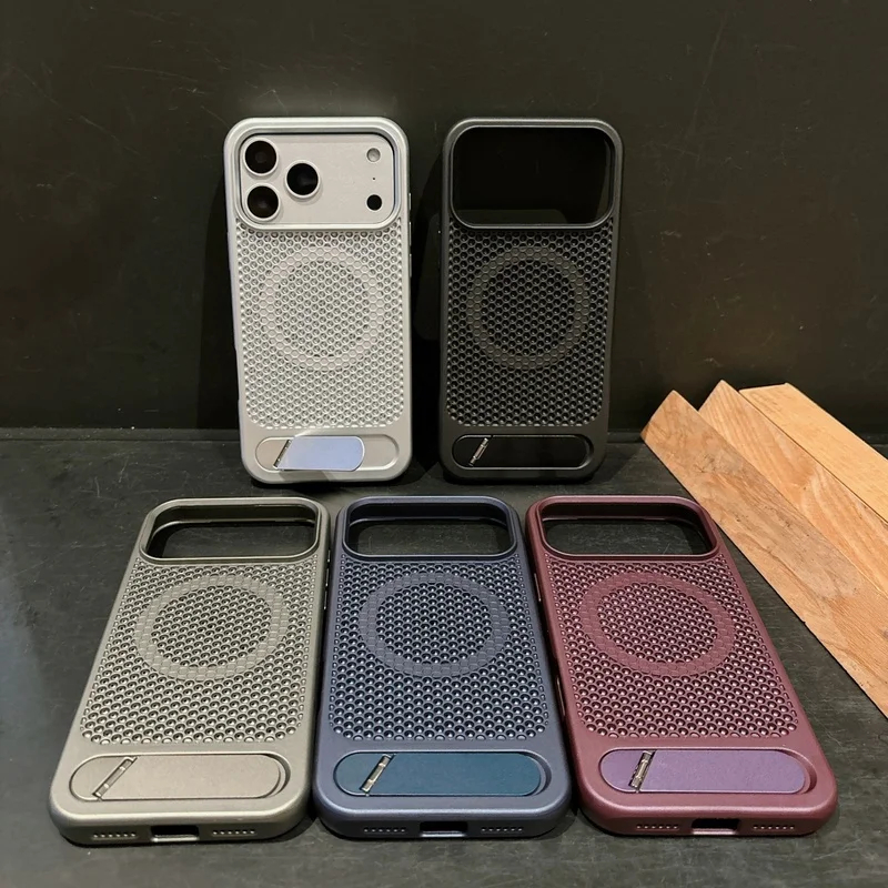 For iPhone 11 12 13 14 15 16 17 18 Pro Max Air Shockproof Matte Honeycomb Heat Dissipation Magnetic Hidden Kickstand Phone Case